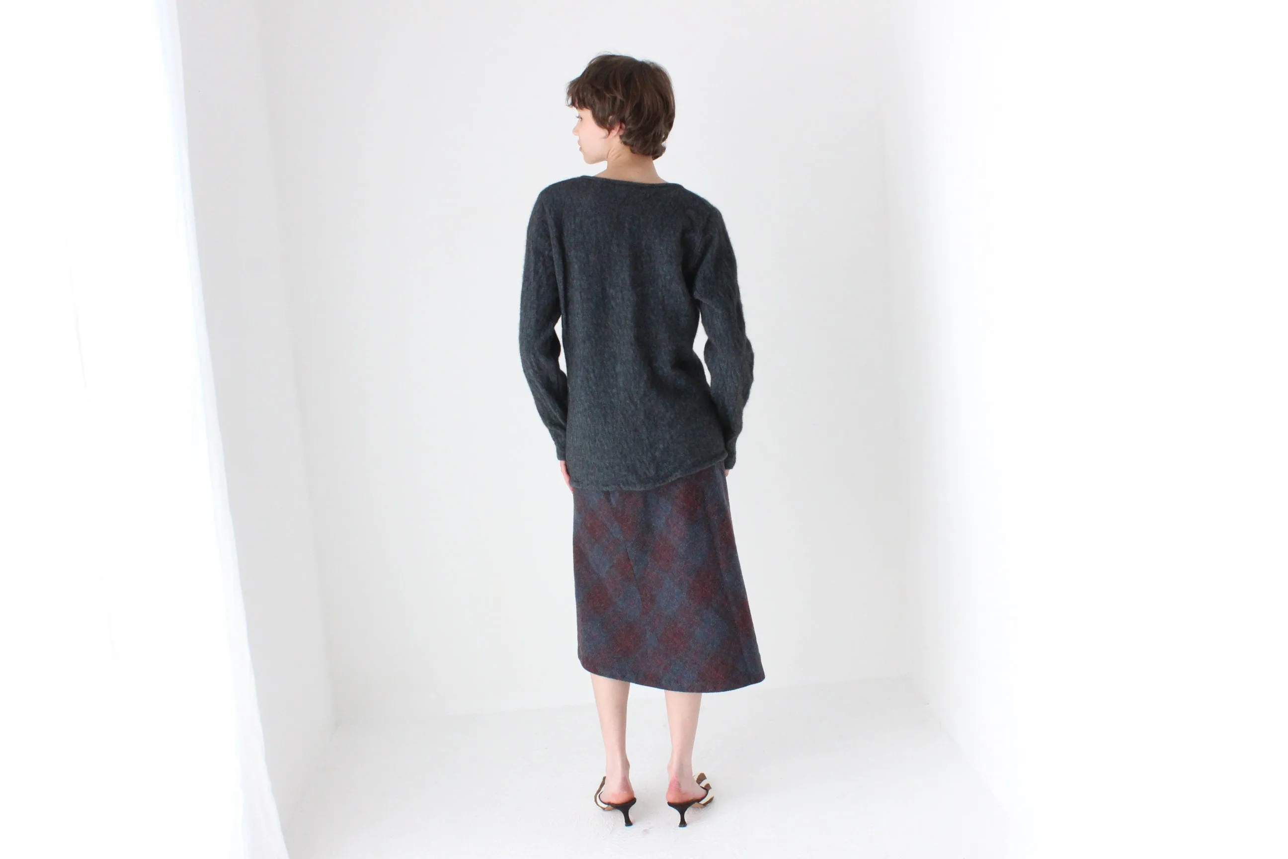 90s Subtle Tartan Wool & Mohair Knee Length Skirt