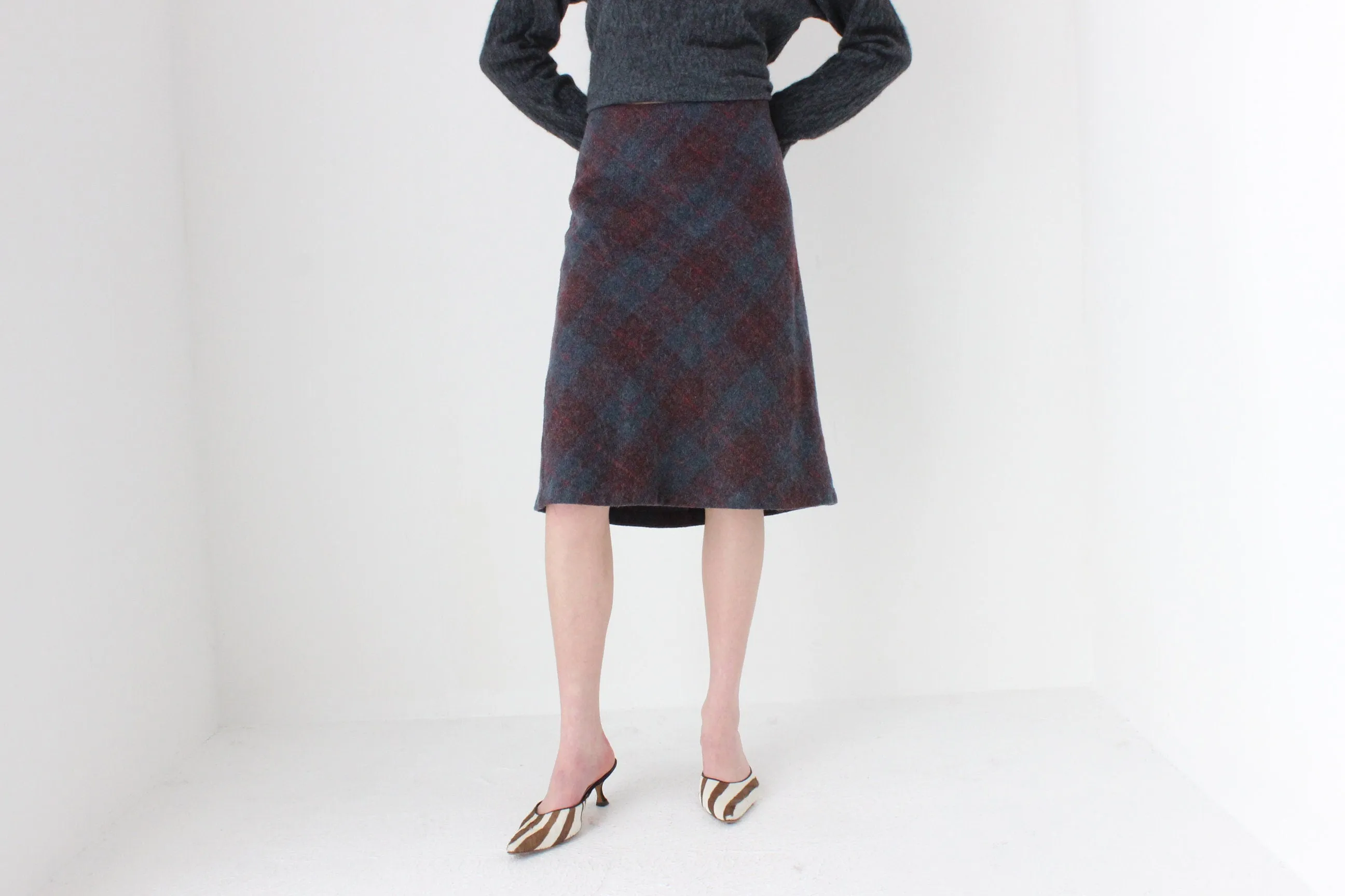 90s Subtle Tartan Wool & Mohair Knee Length Skirt