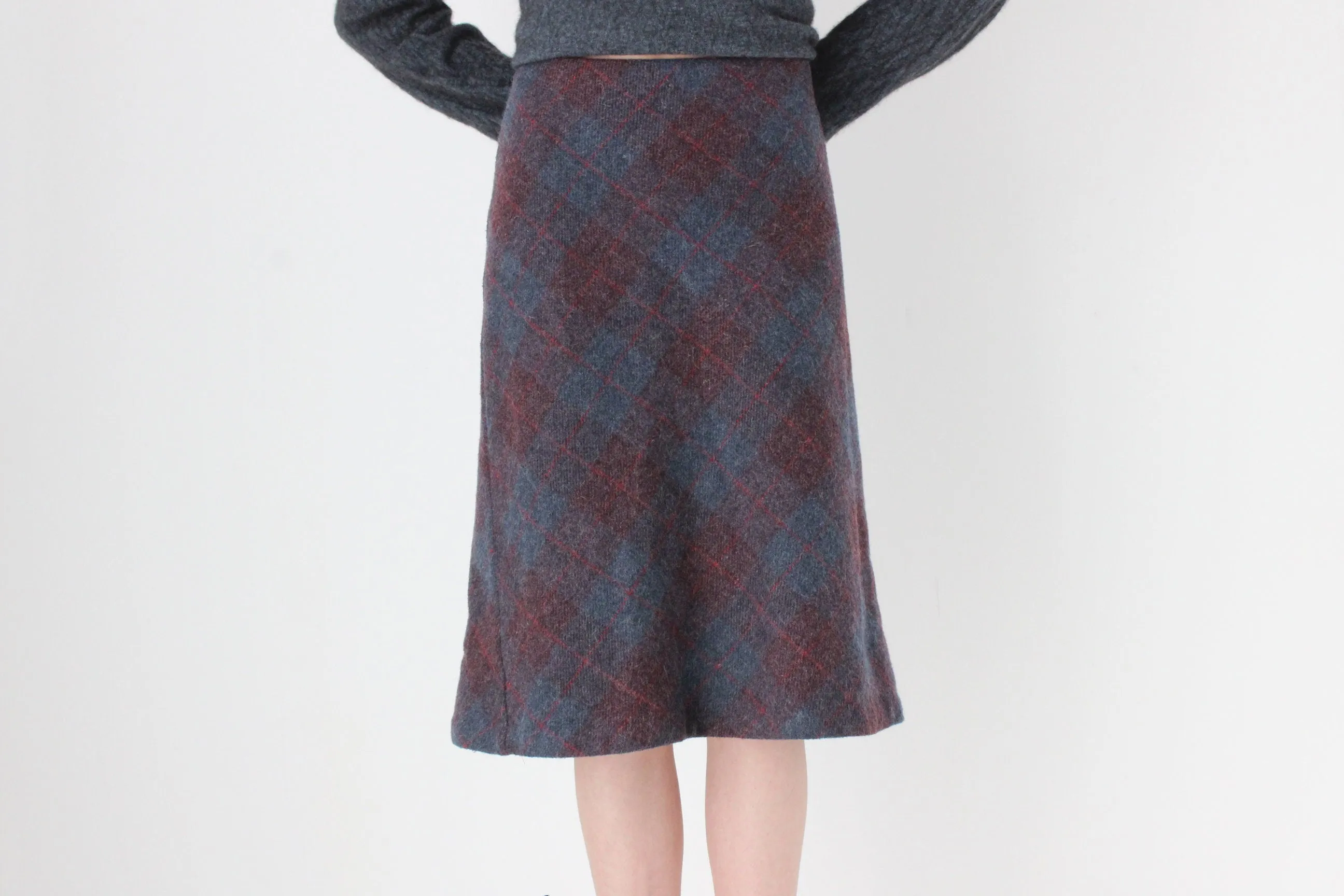 90s Subtle Tartan Wool & Mohair Knee Length Skirt
