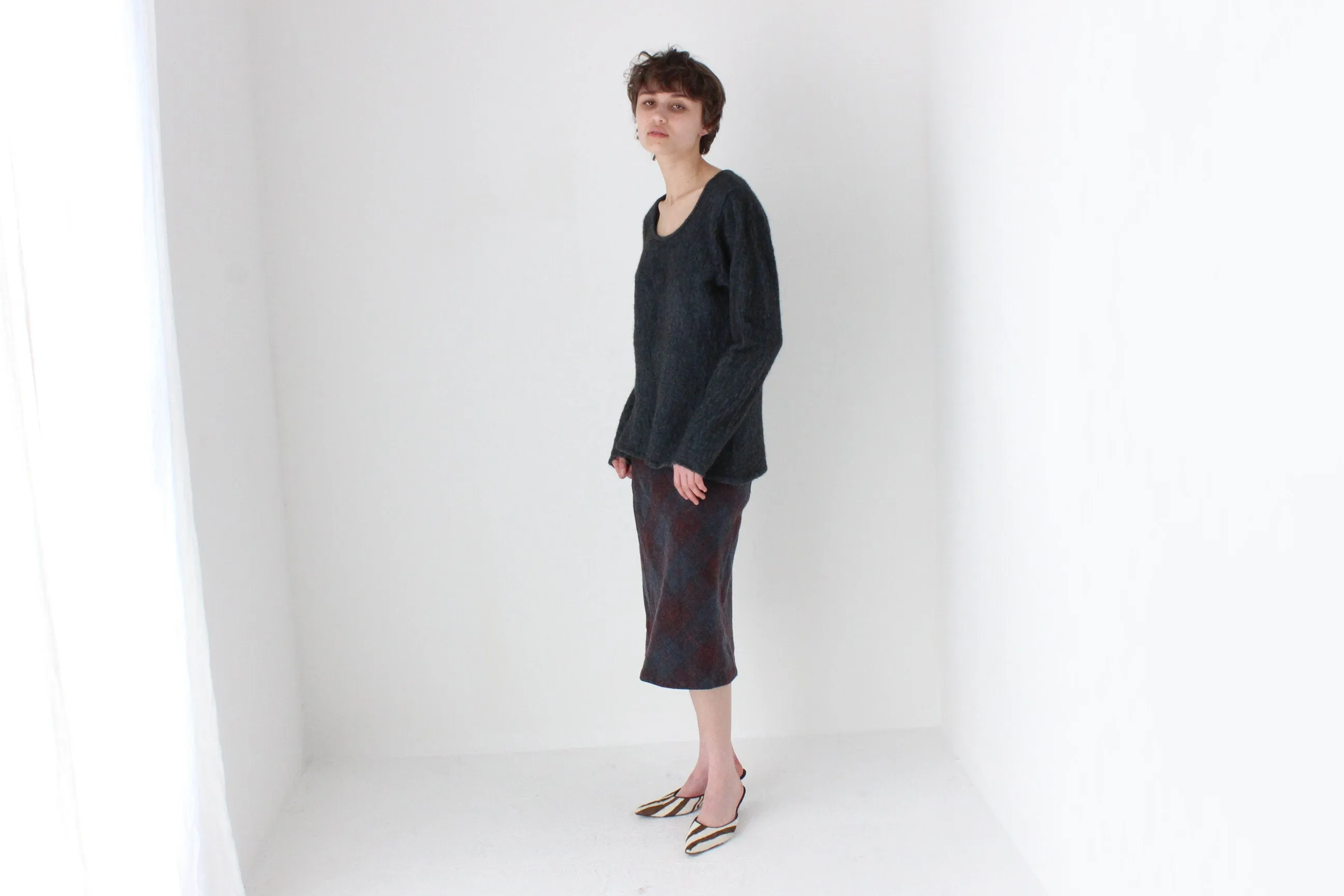 90s Subtle Tartan Wool & Mohair Knee Length Skirt
