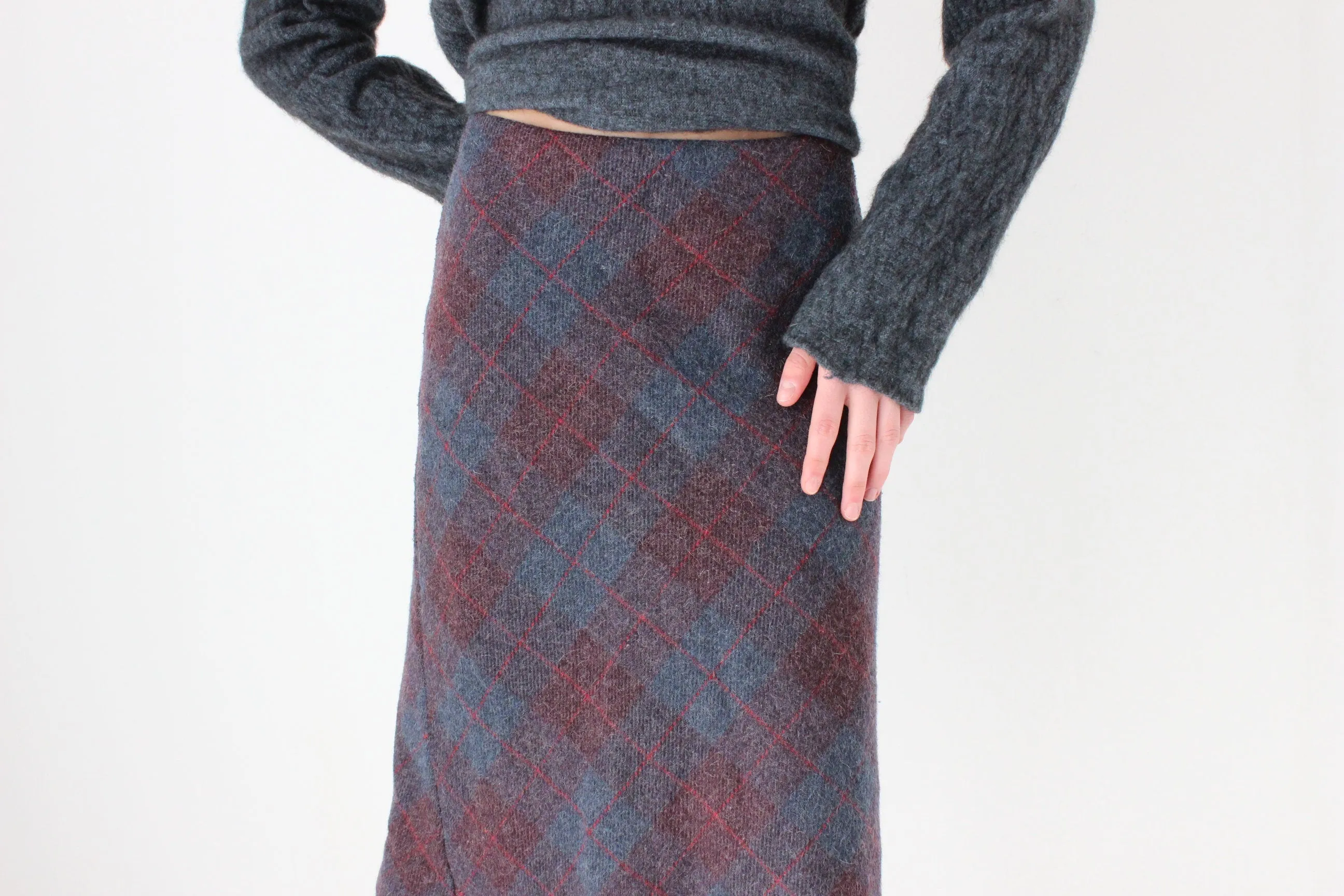 90s Subtle Tartan Wool & Mohair Knee Length Skirt