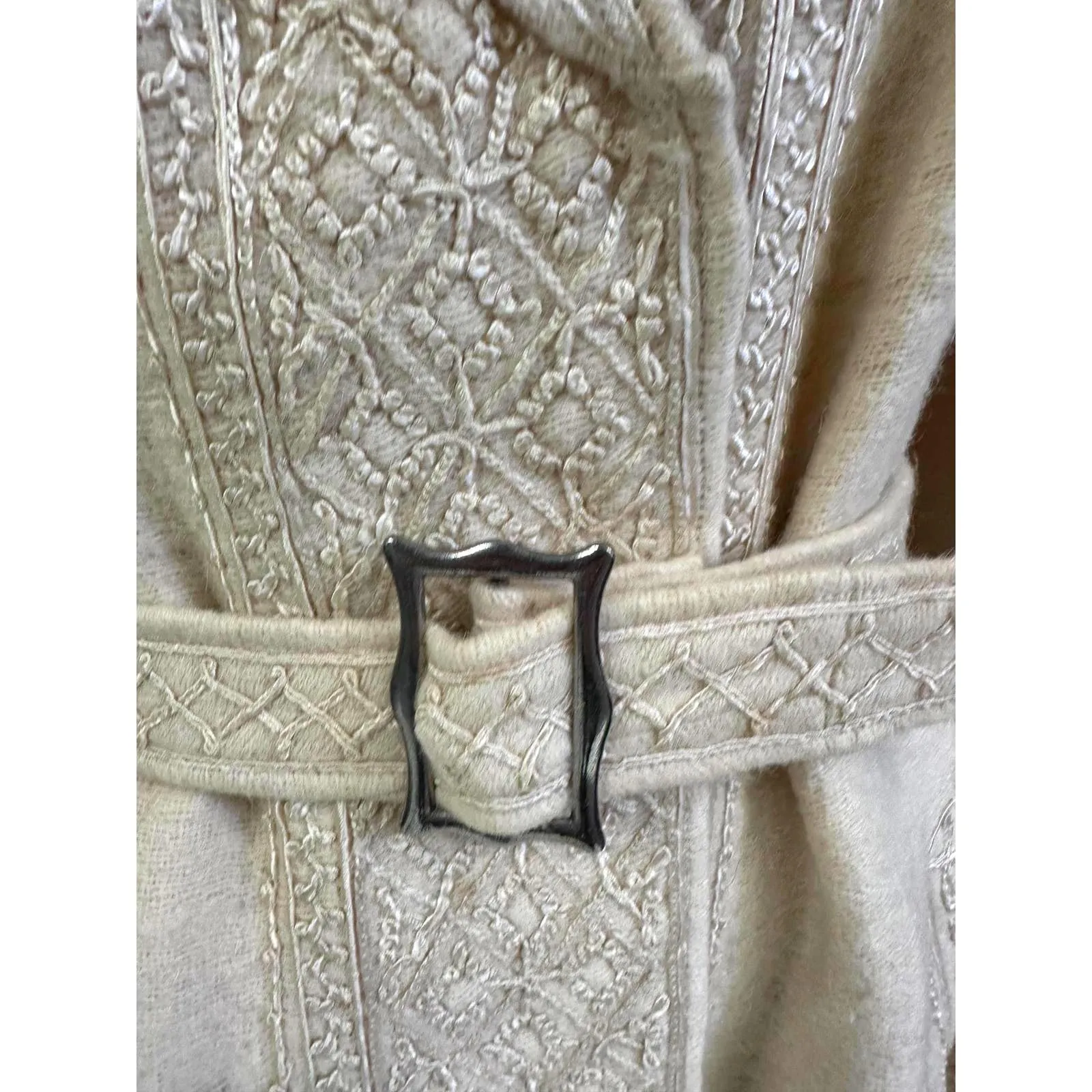 Antique Handwoven Wool Coat Edwardian Cream Embroidered L/XL Womens 1910s