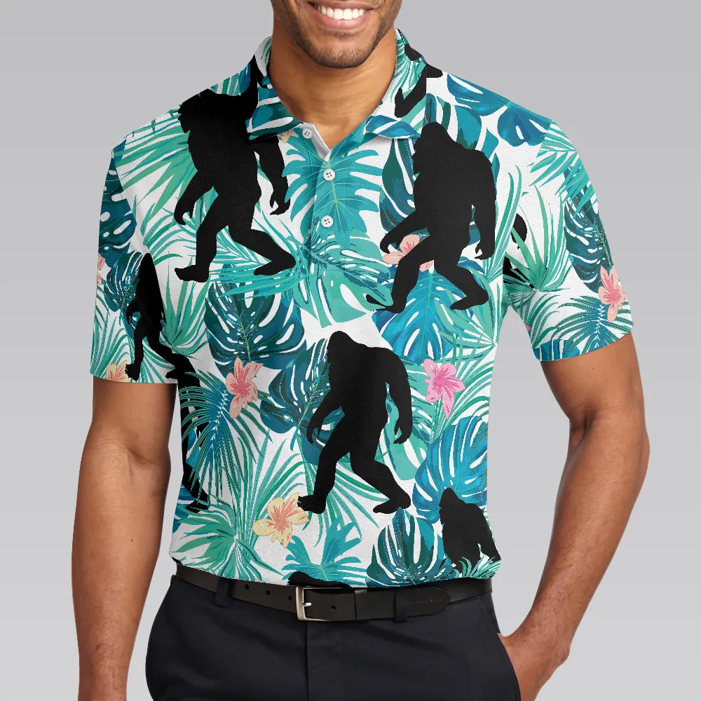 Bigfoot Tropical Short Sleeve Polo Shirt, Floral And Leaves Polo Shirt, Best Bigfoot Shirt For Men