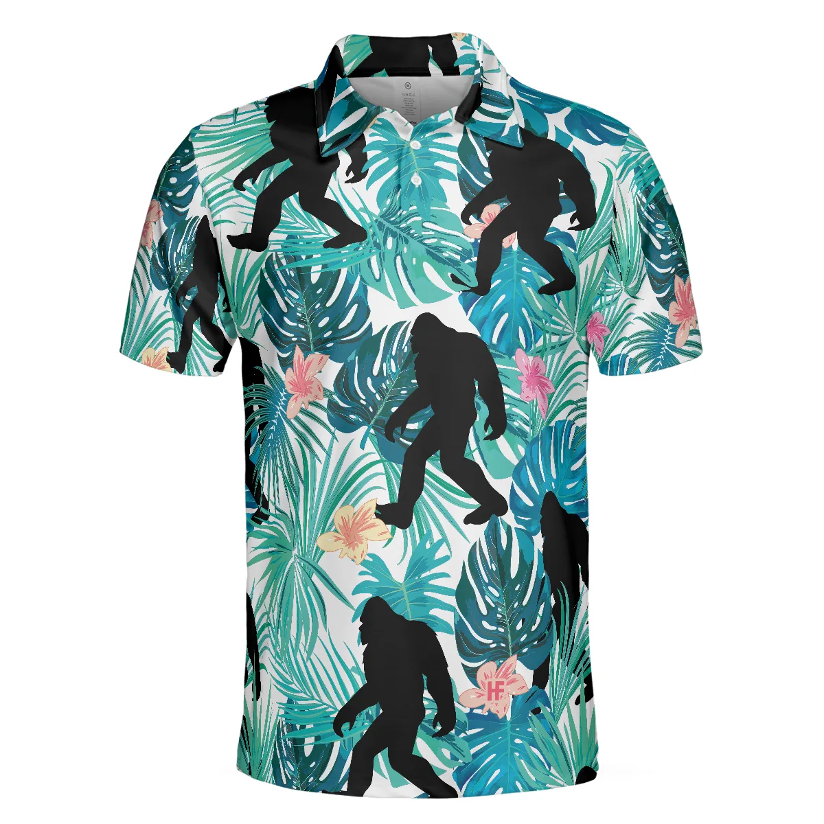 Bigfoot Tropical Short Sleeve Polo Shirt, Floral And Leaves Polo Shirt, Best Bigfoot Shirt For Men