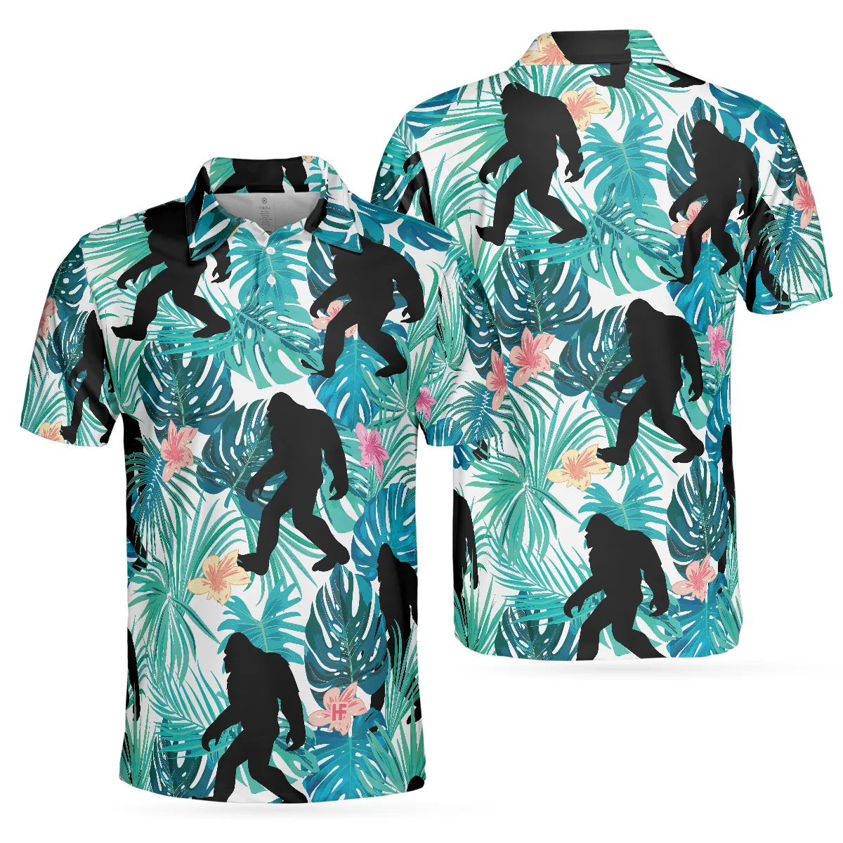 Bigfoot Tropical Short Sleeve Polo Shirt, Floral And Leaves Polo Shirt, Best Bigfoot Shirt For Men