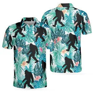 Bigfoot Tropical Short Sleeve Polo Shirt, Floral And Leaves Polo Shirt, Best Bigfoot Shirt For Men
