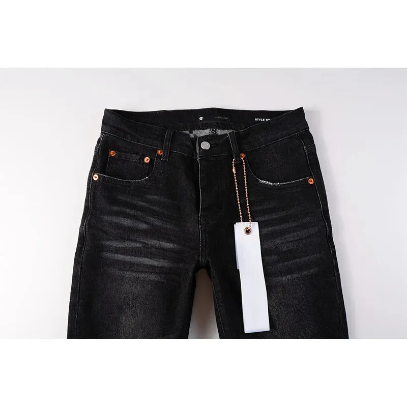 Black Ripped Skinny Jeans for Men – High-Stretch Streetwear Pants with Distressed Moustache Design and Button Fly