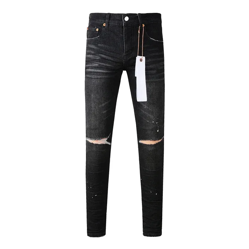 Black Ripped Skinny Jeans for Men – High-Stretch Streetwear Pants with Distressed Moustache Design and Button Fly