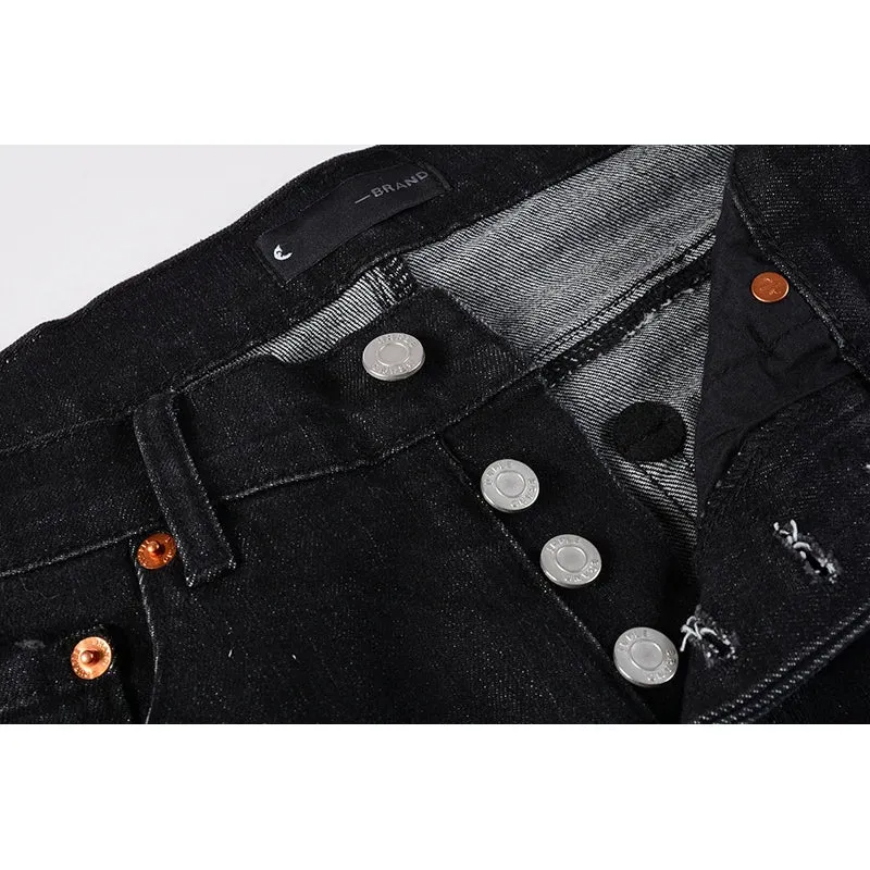 Black Ripped Skinny Jeans for Men – High-Stretch Streetwear Pants with Distressed Moustache Design and Button Fly