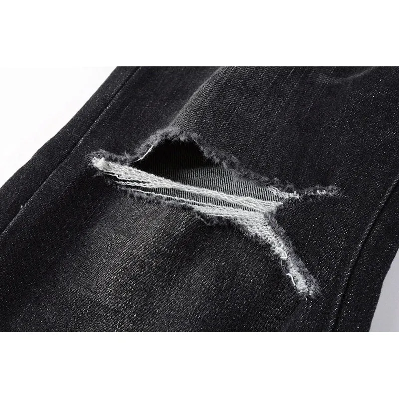 Black Ripped Skinny Jeans for Men – High-Stretch Streetwear Pants with Distressed Moustache Design and Button Fly
