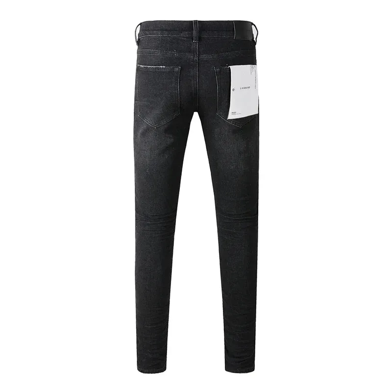 Black Ripped Skinny Jeans for Men – High-Stretch Streetwear Pants with Distressed Moustache Design and Button Fly