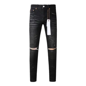 Black Ripped Skinny Jeans for Men – High-Stretch Streetwear Pants with Distressed Moustache Design and Button Fly
