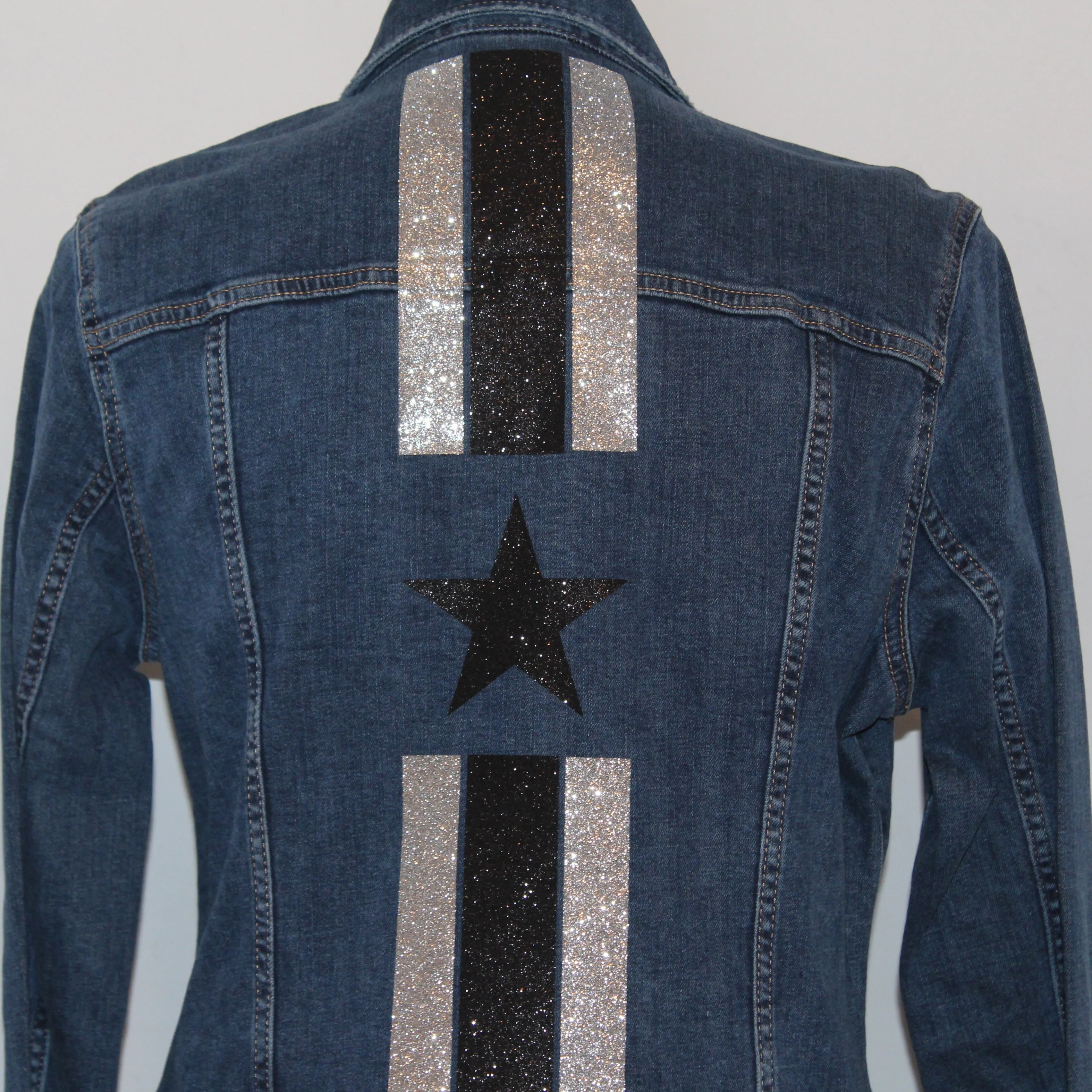 Blue Denim Jacket with Glitter Stripes and Star