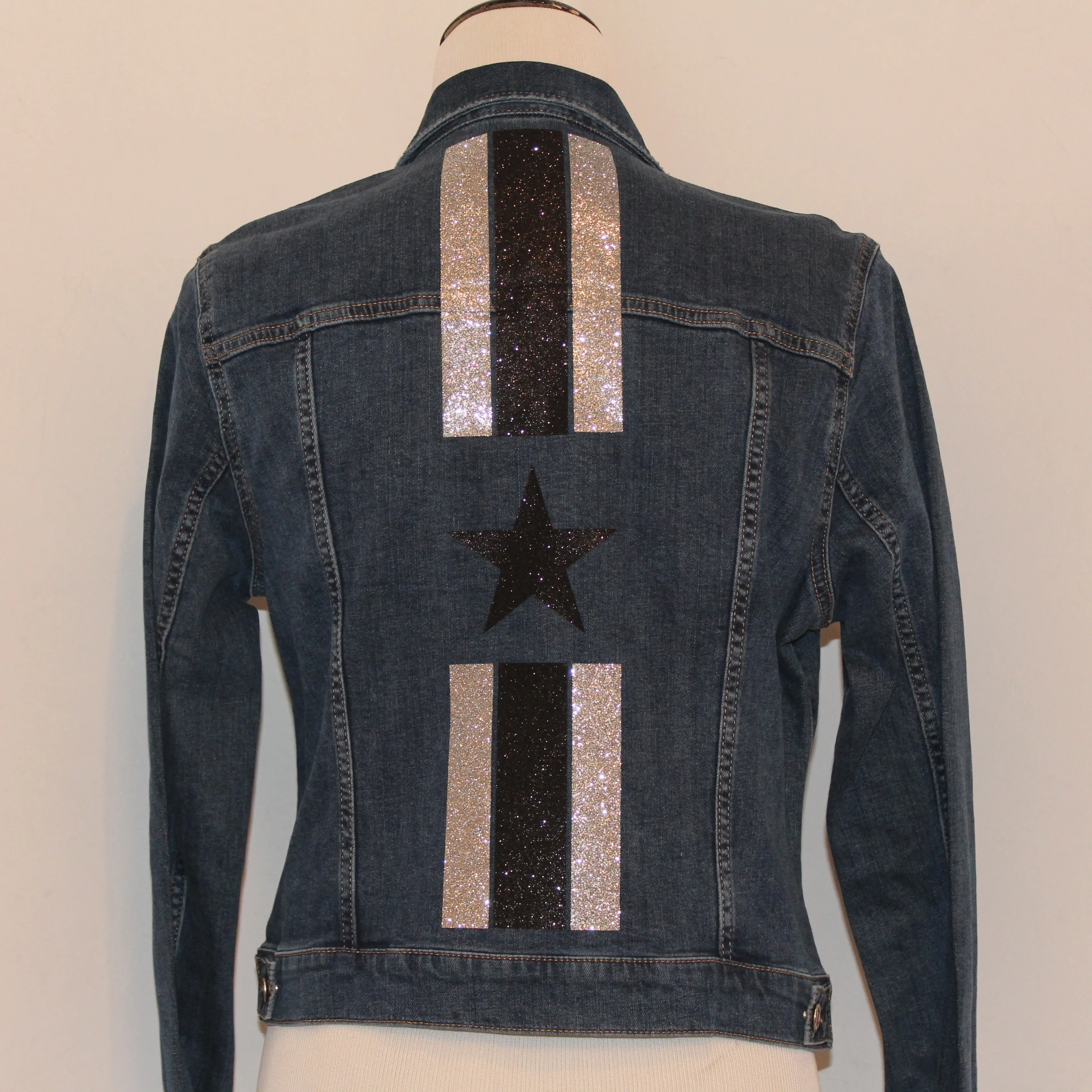 Blue Denim Jacket with Glitter Stripes and Star