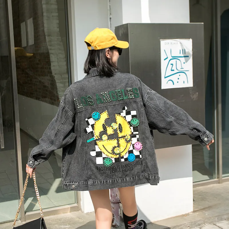 Comic Denim Jacket Cartoon Beaded plus Size Loose Denim Jacket