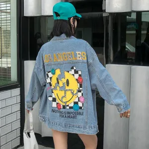 Comic Denim Jacket Cartoon Beaded plus Size Loose Denim Jacket