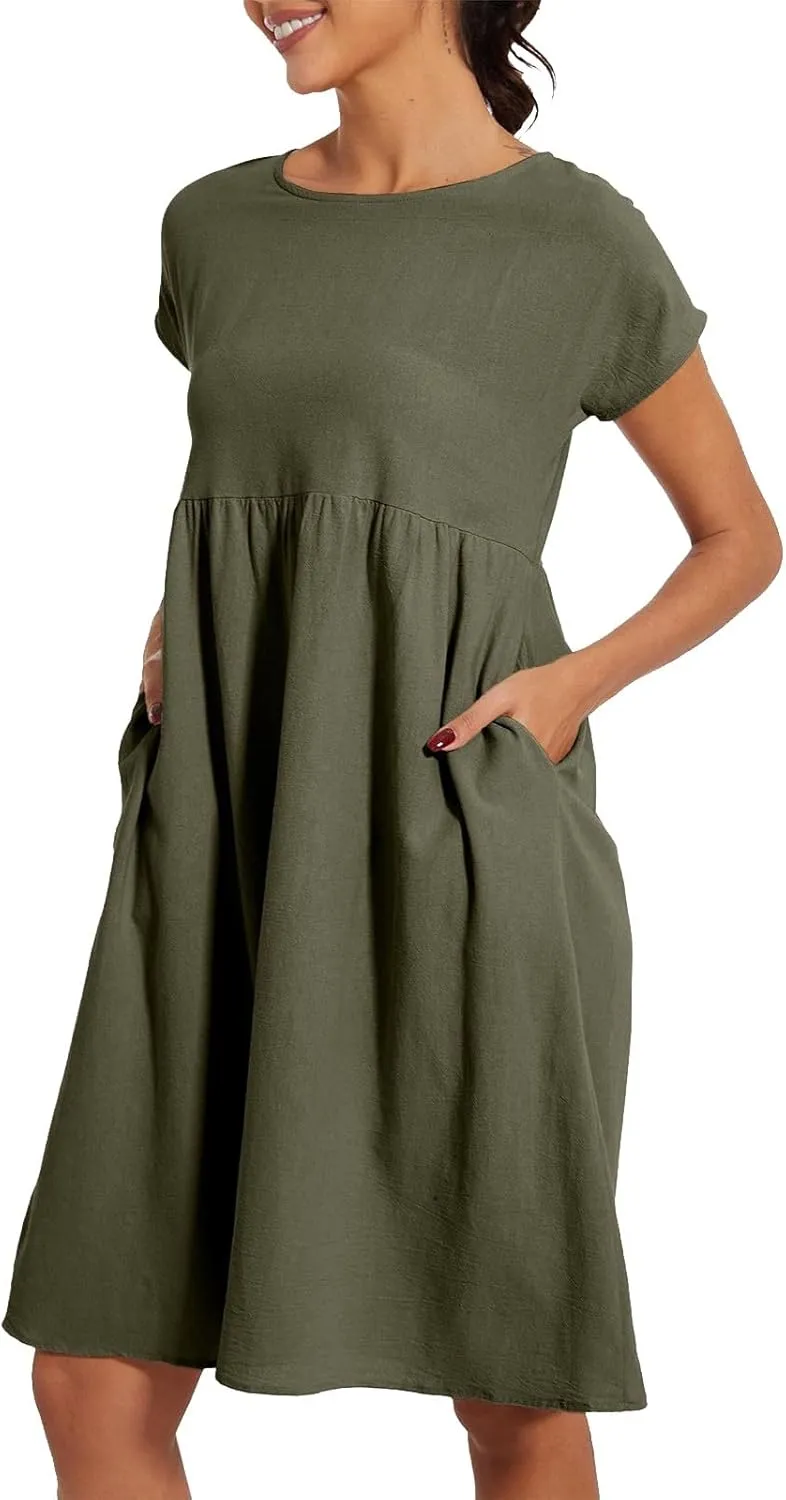 Cotton Linen Dress Womens Casual Summer Cap Sleeve Midi Dress A Line Flowy Knee Length T Shirt Dress with Pockets