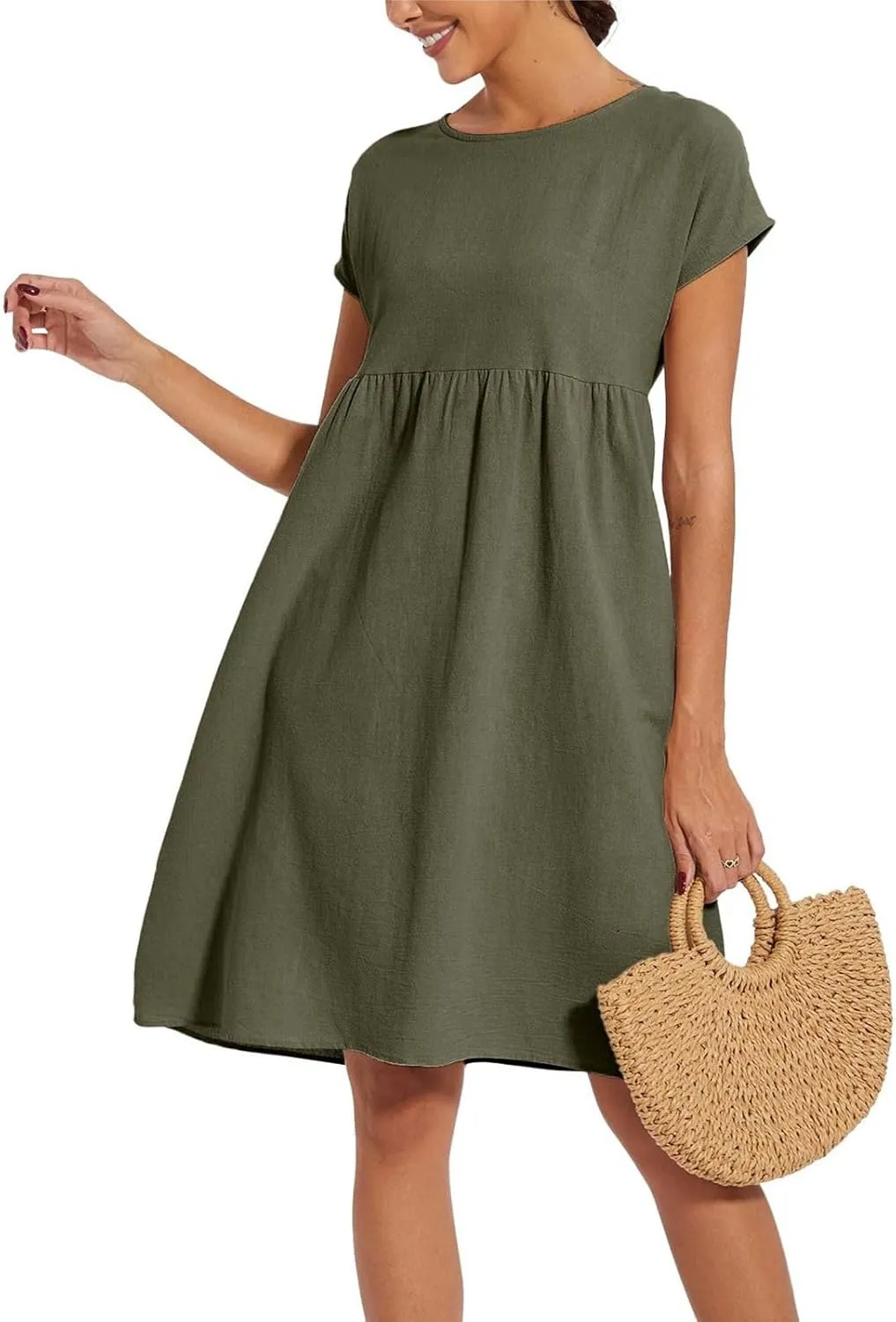Cotton Linen Dress Womens Casual Summer Cap Sleeve Midi Dress A Line Flowy Knee Length T Shirt Dress with Pockets