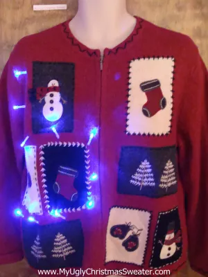 Crafty Patchwork Snowman Light Up Ugly Xmas Sweater