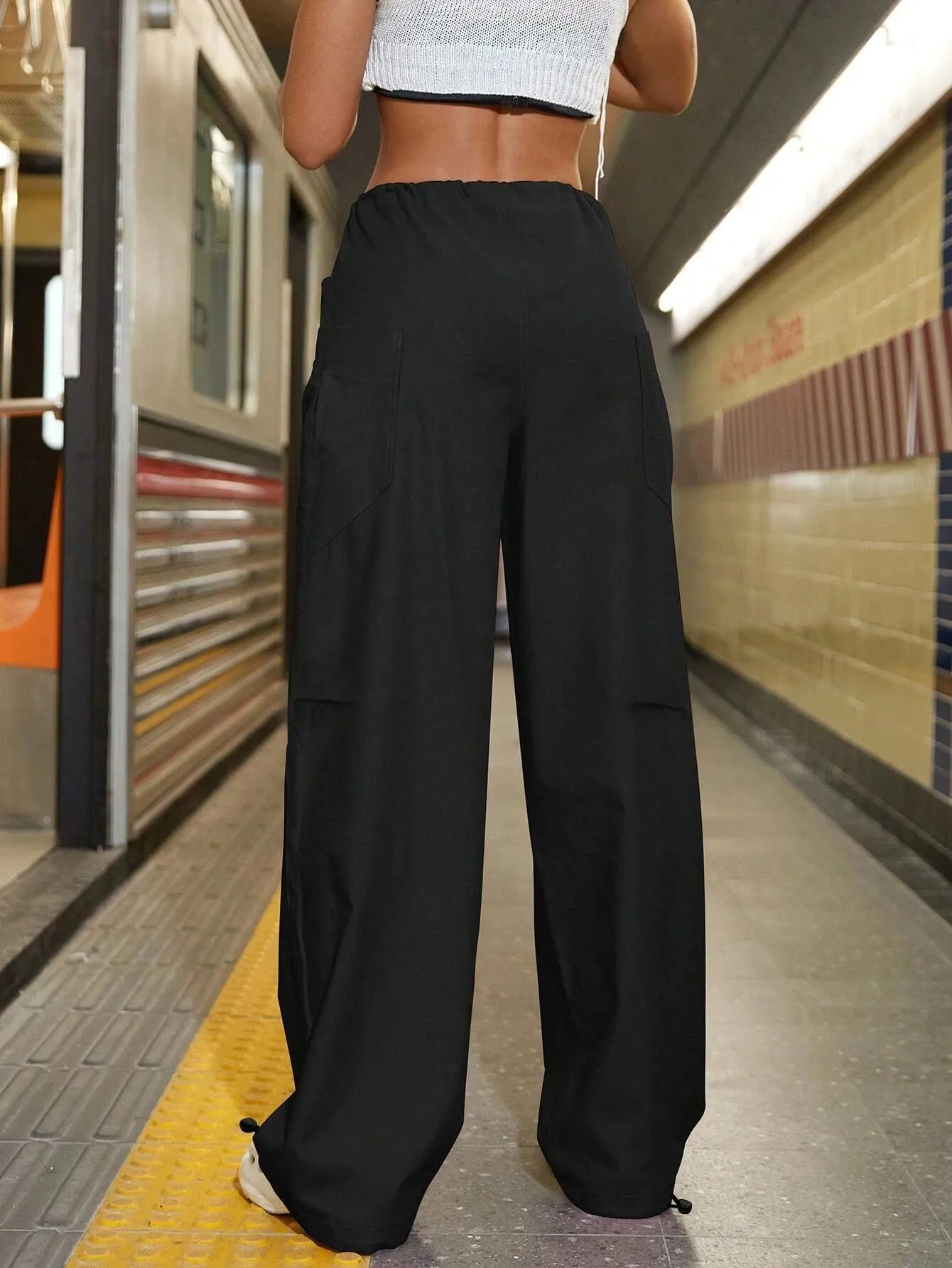 Drawstring Waist Slant Pocket Parachute Cargo Pants