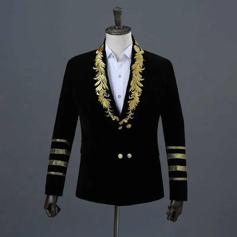 Gold Stickerei Blazer Jacke Männer Casual Revers Zweireiher Herren Schwarz Anzug Stage Prom Show Sänger Militärkleid Homme