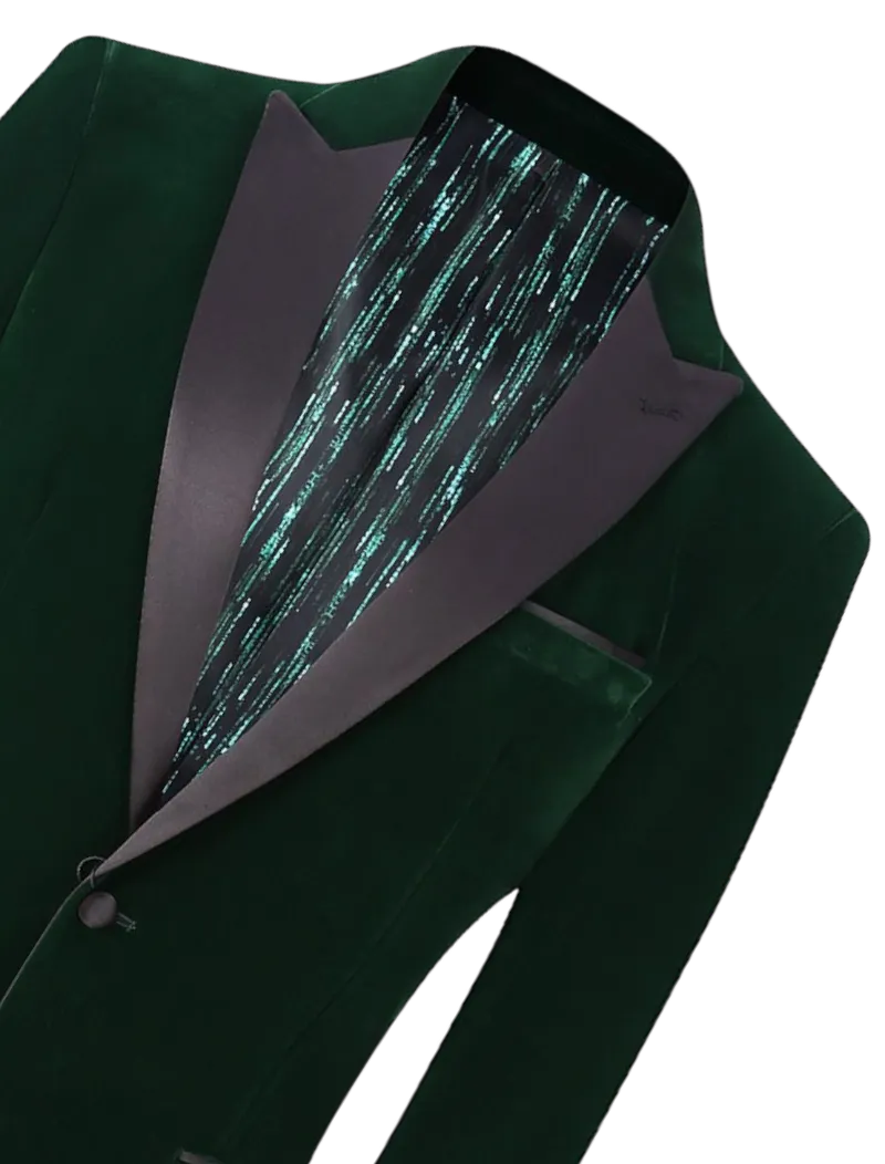 Green Men's velvet Blazer Peak Lapel Slim-Fit with Bowtie Style No : VS1602