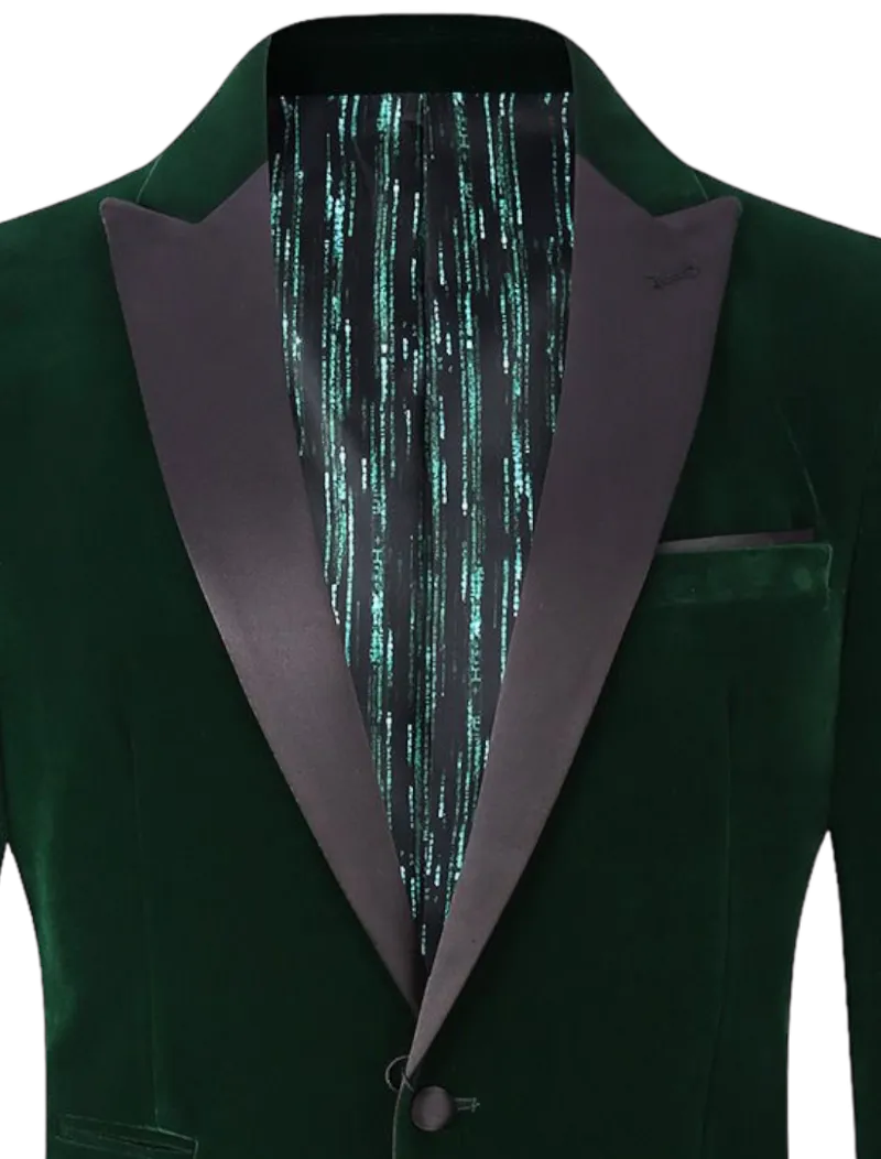 Green Men's velvet Blazer Peak Lapel Slim-Fit with Bowtie Style No : VS1602