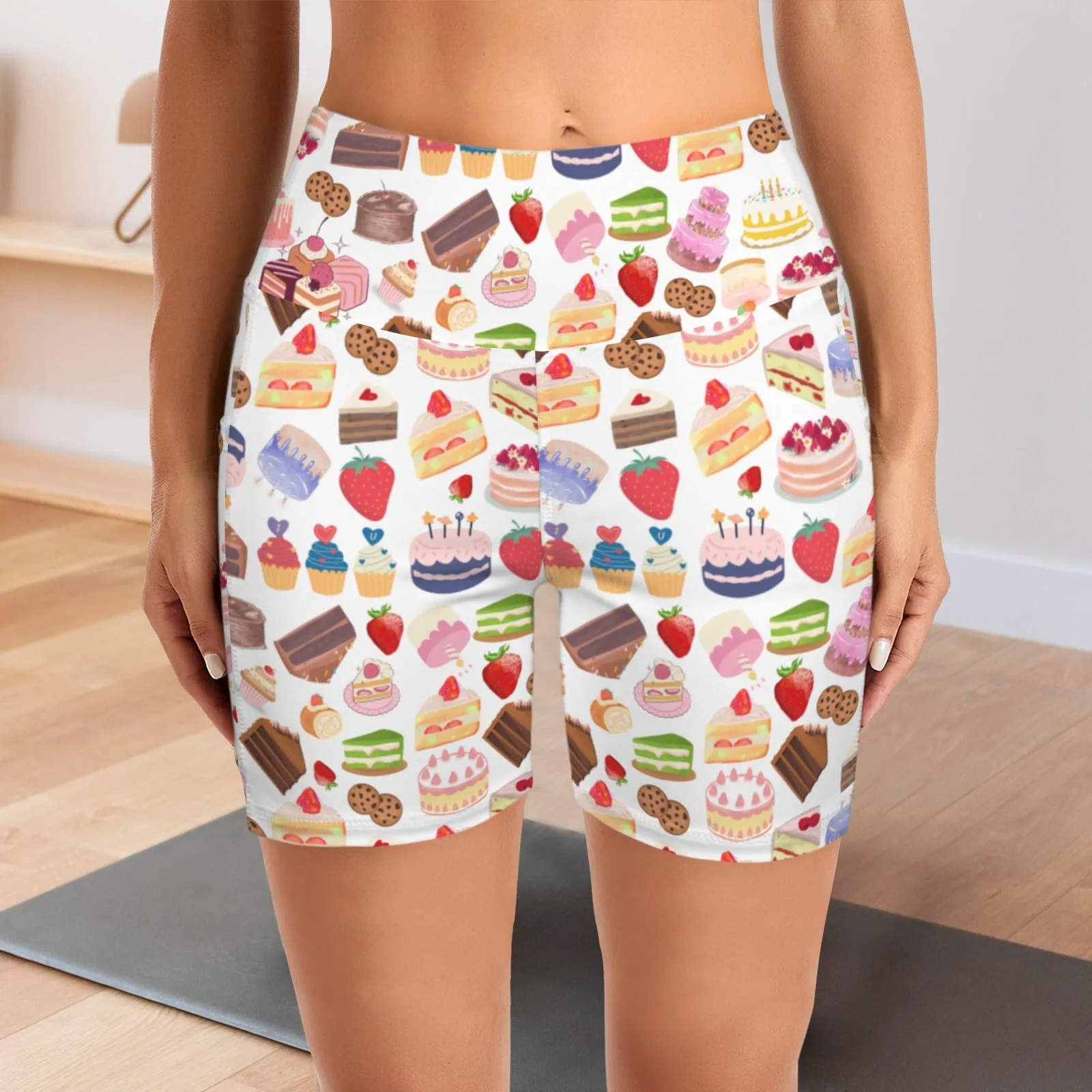 Happy Cake White Yoga Shorts with Pockets up to 5 XL (FWS)