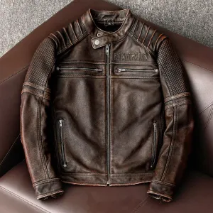 Heavy Brown Stand Collar Motorcycle Leather Jacket