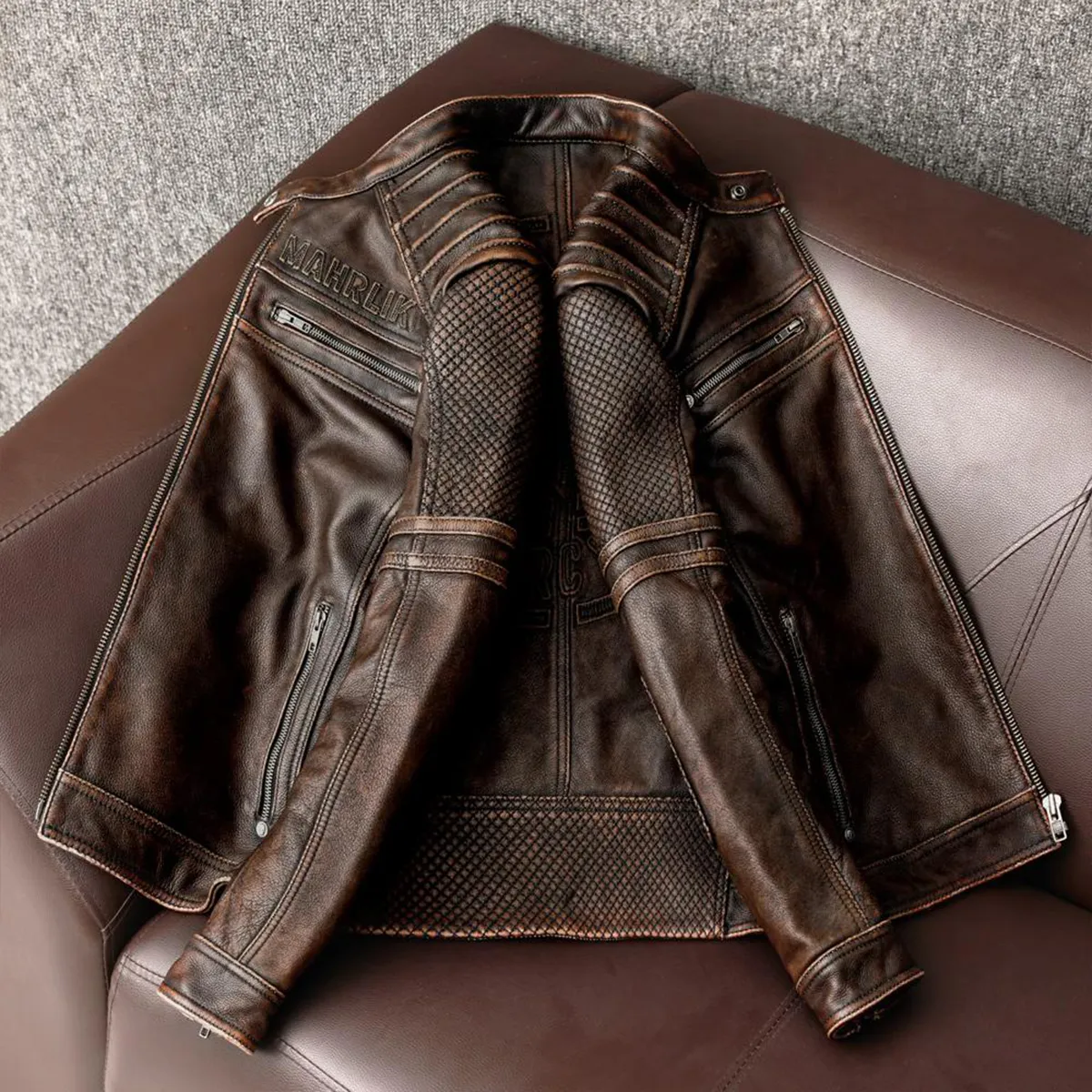 Heavy Brown Stand Collar Motorcycle Leather Jacket