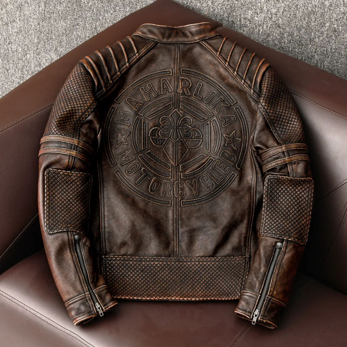 Heavy Brown Stand Collar Motorcycle Leather Jacket