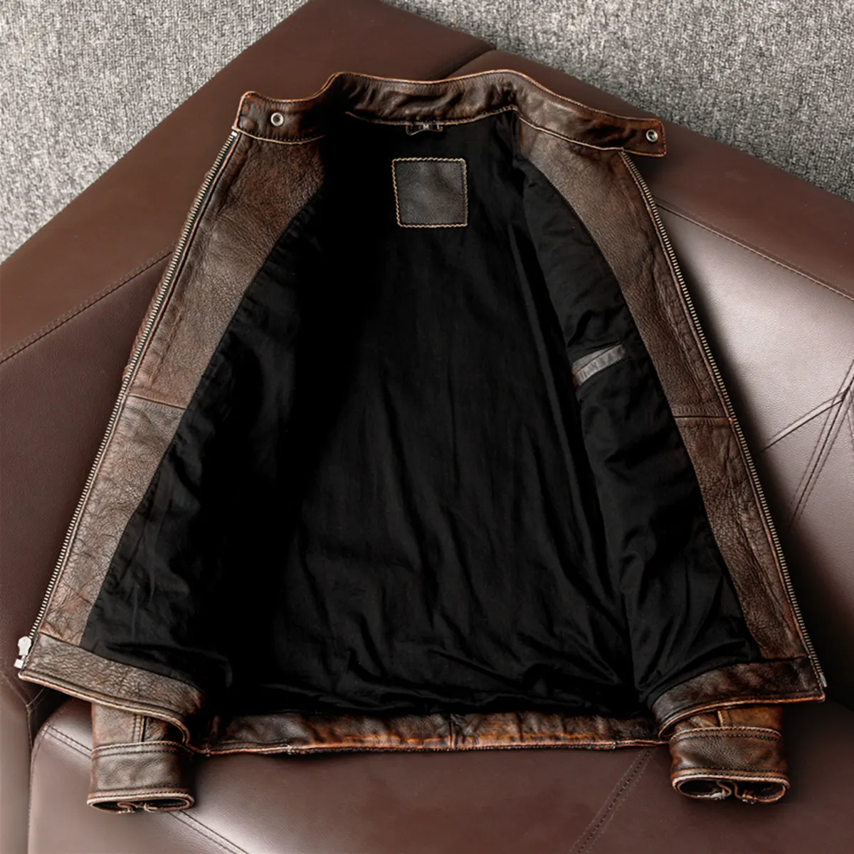 Heavy Brown Stand Collar Motorcycle Leather Jacket