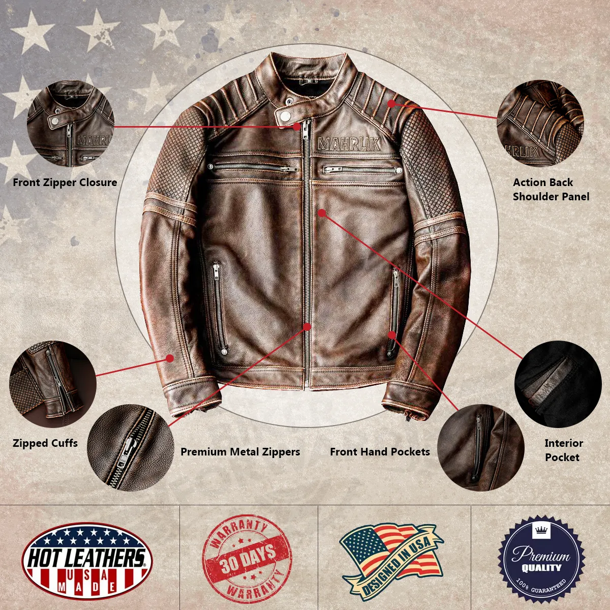 Heavy Brown Stand Collar Motorcycle Leather Jacket