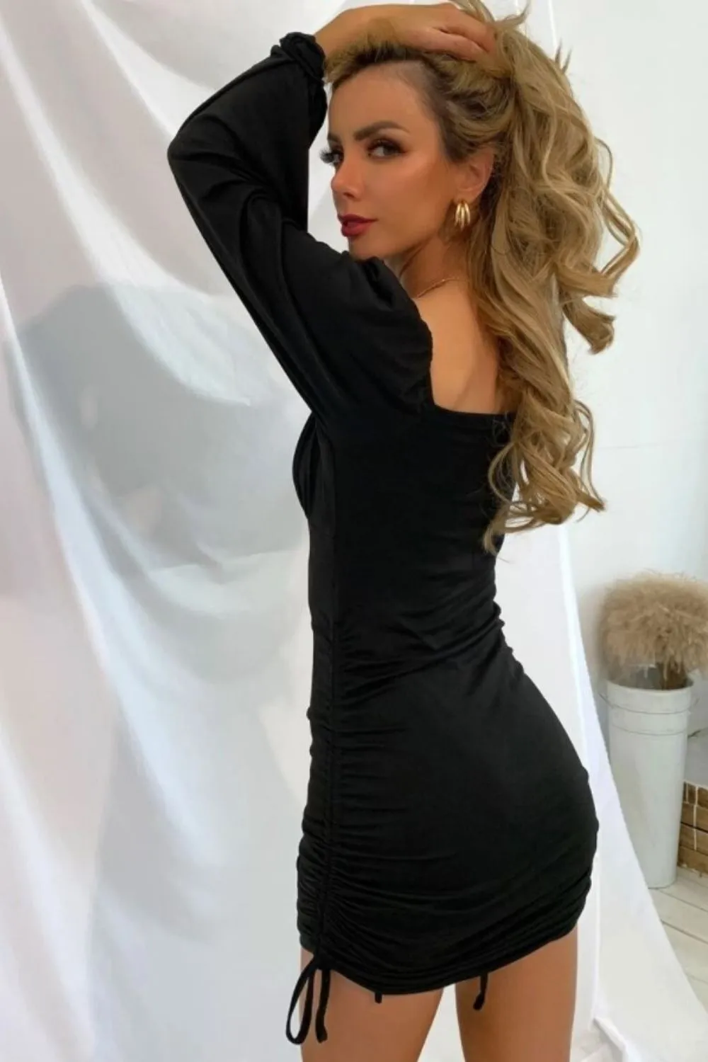 Lantern Sleeve Drawstring Ruched Mini Dress