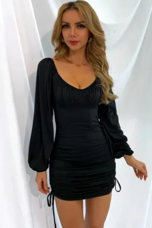 Lantern Sleeve Drawstring Ruched Mini Dress