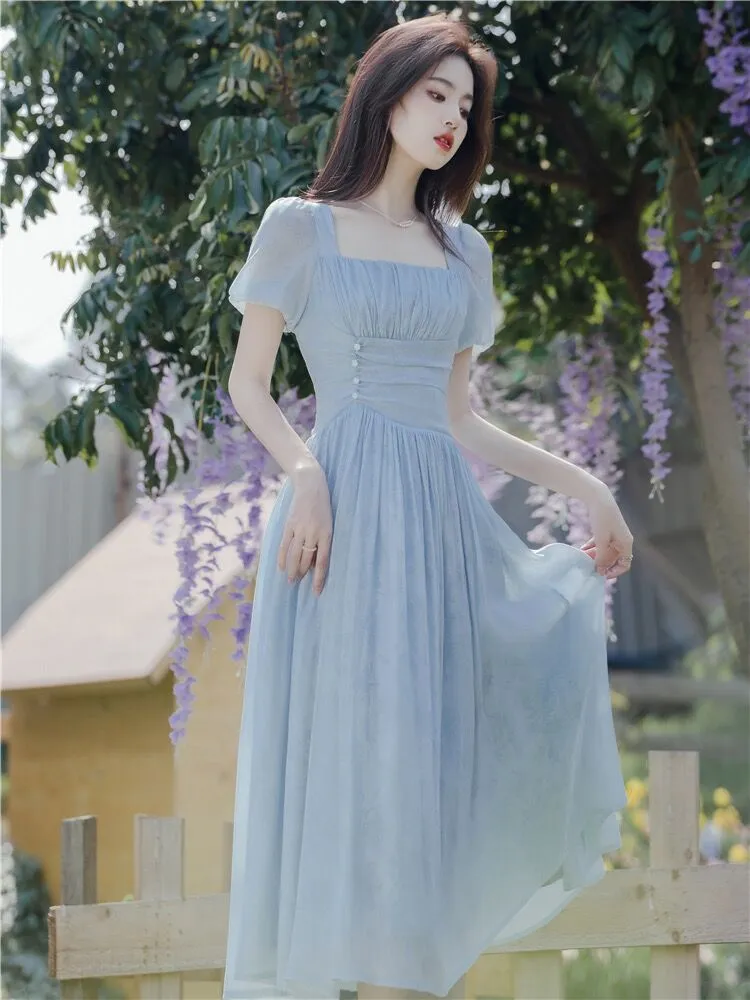 Light Blue Square Neck Vintage Summer Swing Dress