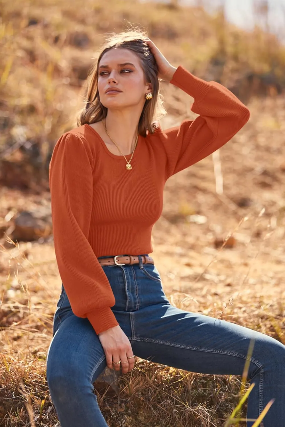 MASCOMODA Long Puff Sleeve Sweaters for Women 2025 Fall Winter Crewneck Knit Ribbed Bodysuit Pullover Tops