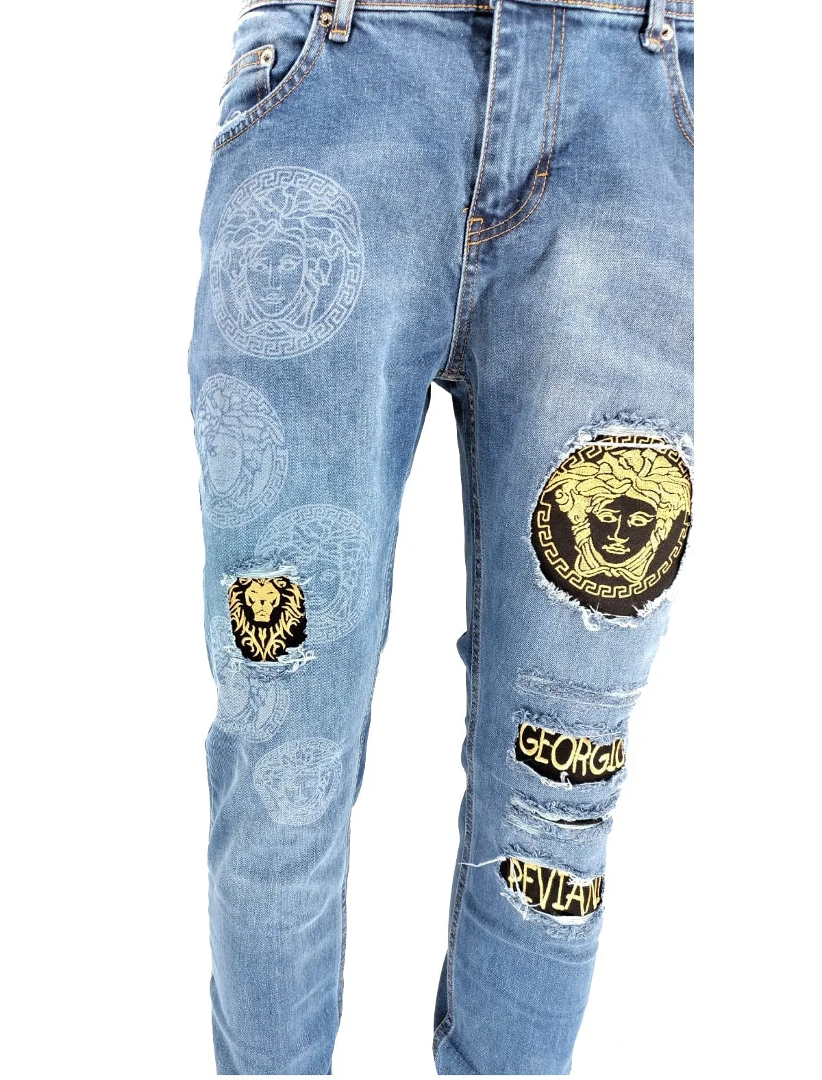 Mens Georgio Peviani Jeans Designer Stretch Slim Ripped Distressed Printed Denim Jeans