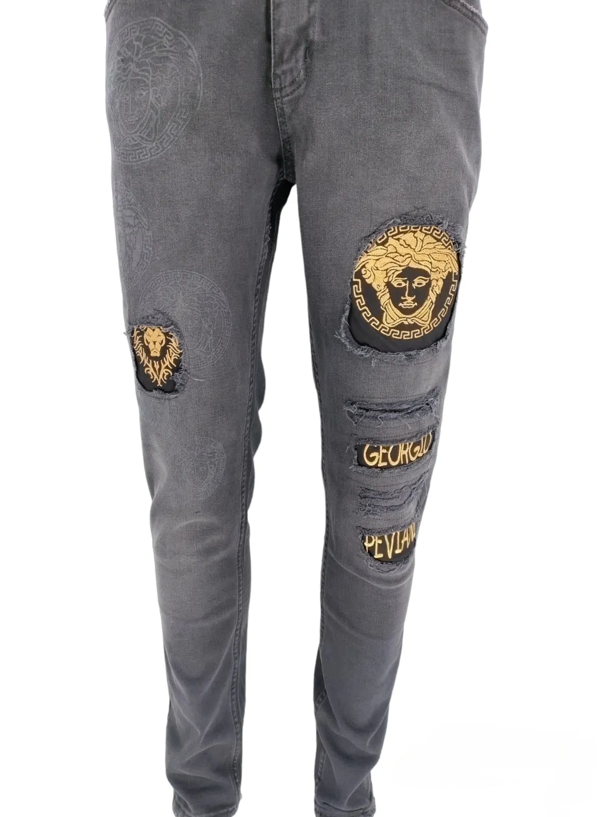 Mens Georgio Peviani Jeans Designer Stretch Slim Ripped Distressed Printed Denim Jeans