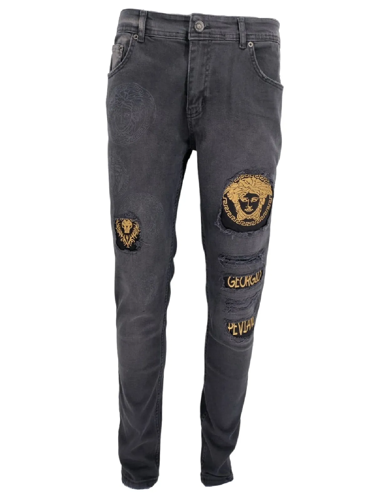 Mens Georgio Peviani Jeans Designer Stretch Slim Ripped Distressed Printed Denim Jeans