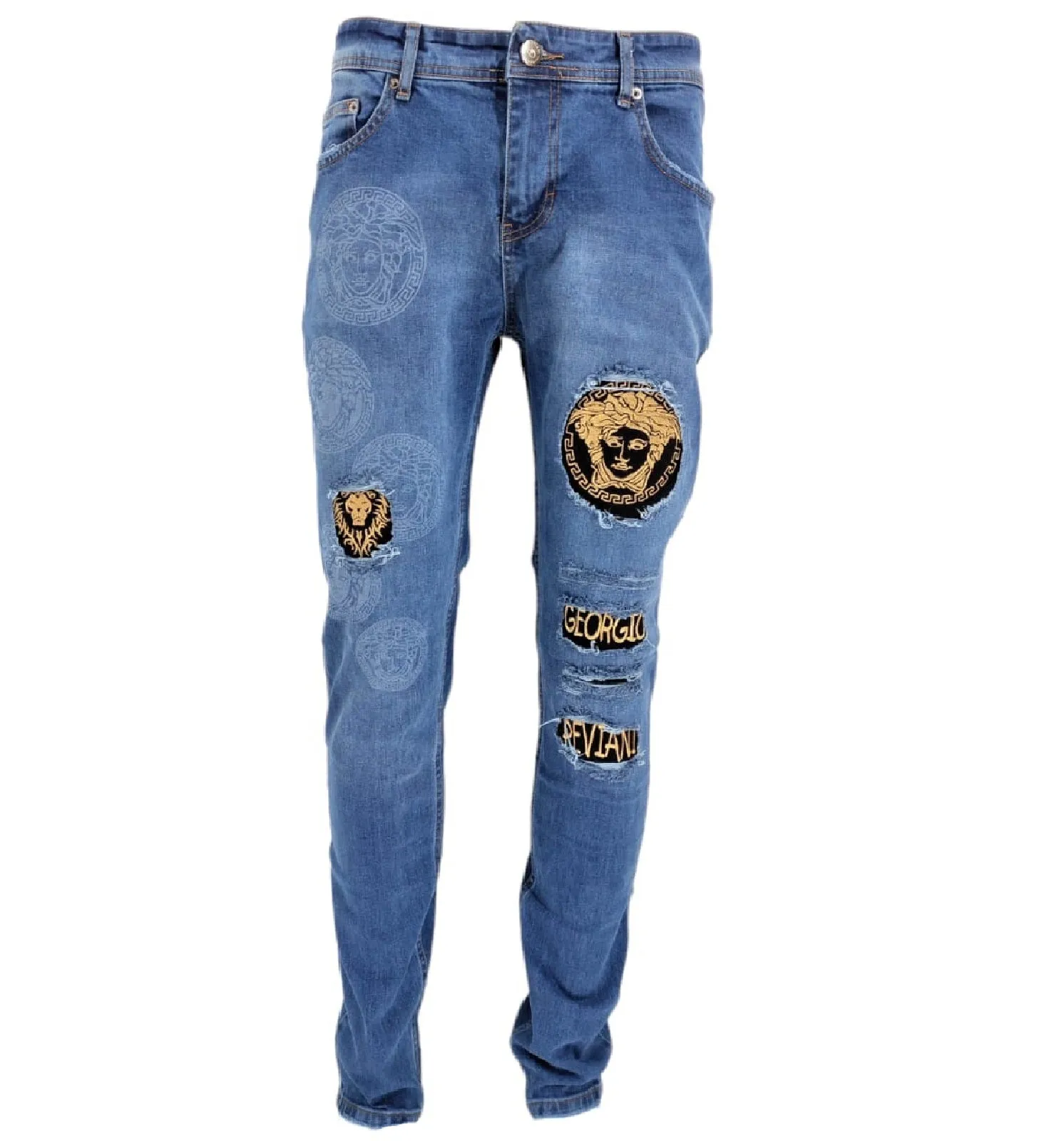 Mens Georgio Peviani Jeans Designer Stretch Slim Ripped Distressed Printed Denim Jeans