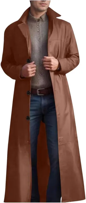 Men's Notched Lapel Leather Trench Coat Vintage Classic Faux Leather Button Long Leather Jacket Fall Winter Overcoat
