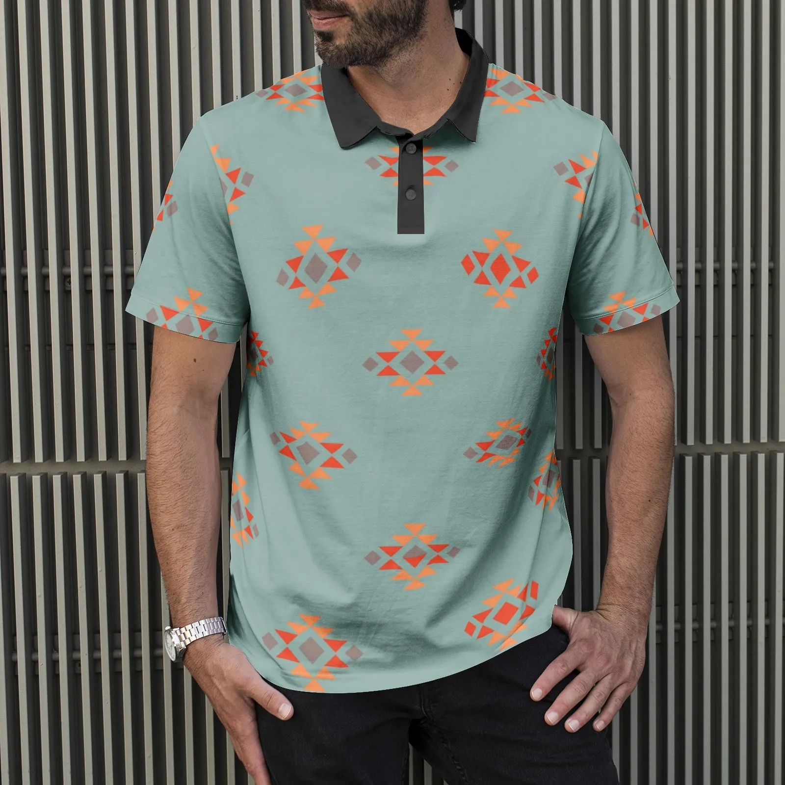 Men's Polo Azul Blue All-Over Print Shirt, Black or White Collar
