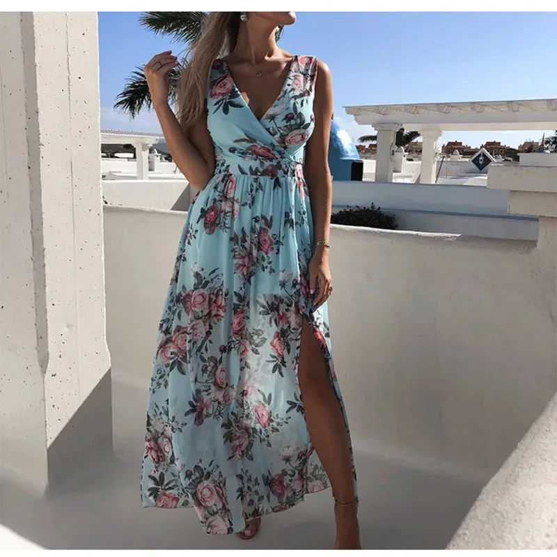 MQTIME  -  Summer Women's Chiffon Printed V-Neck Sleeveless Split Dress Women's Dress Women's Long Dress Beach Dress
