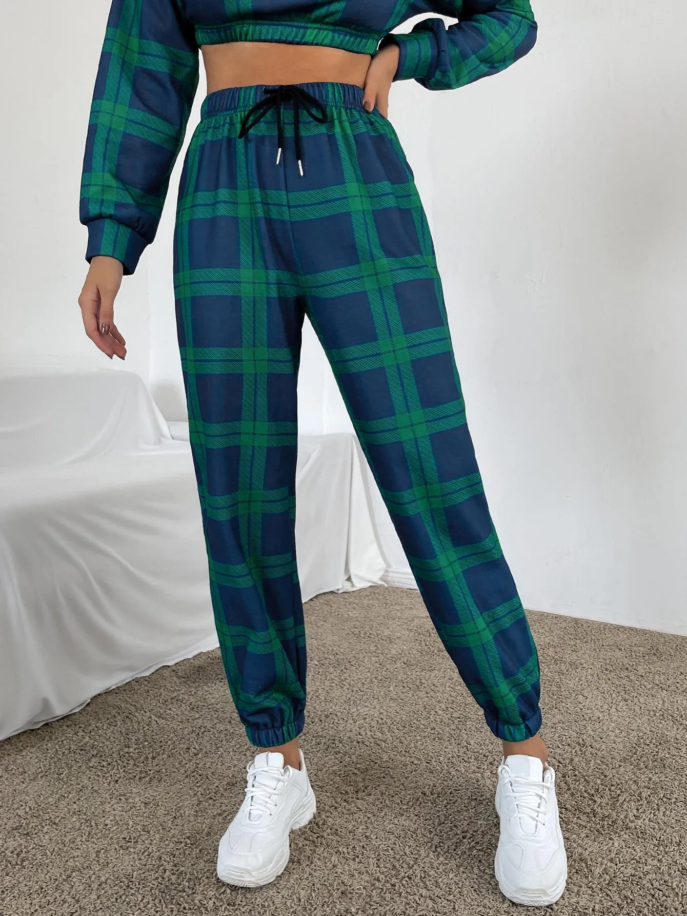 Plaid Drawstring Natural Cropped Women Sweatpants
