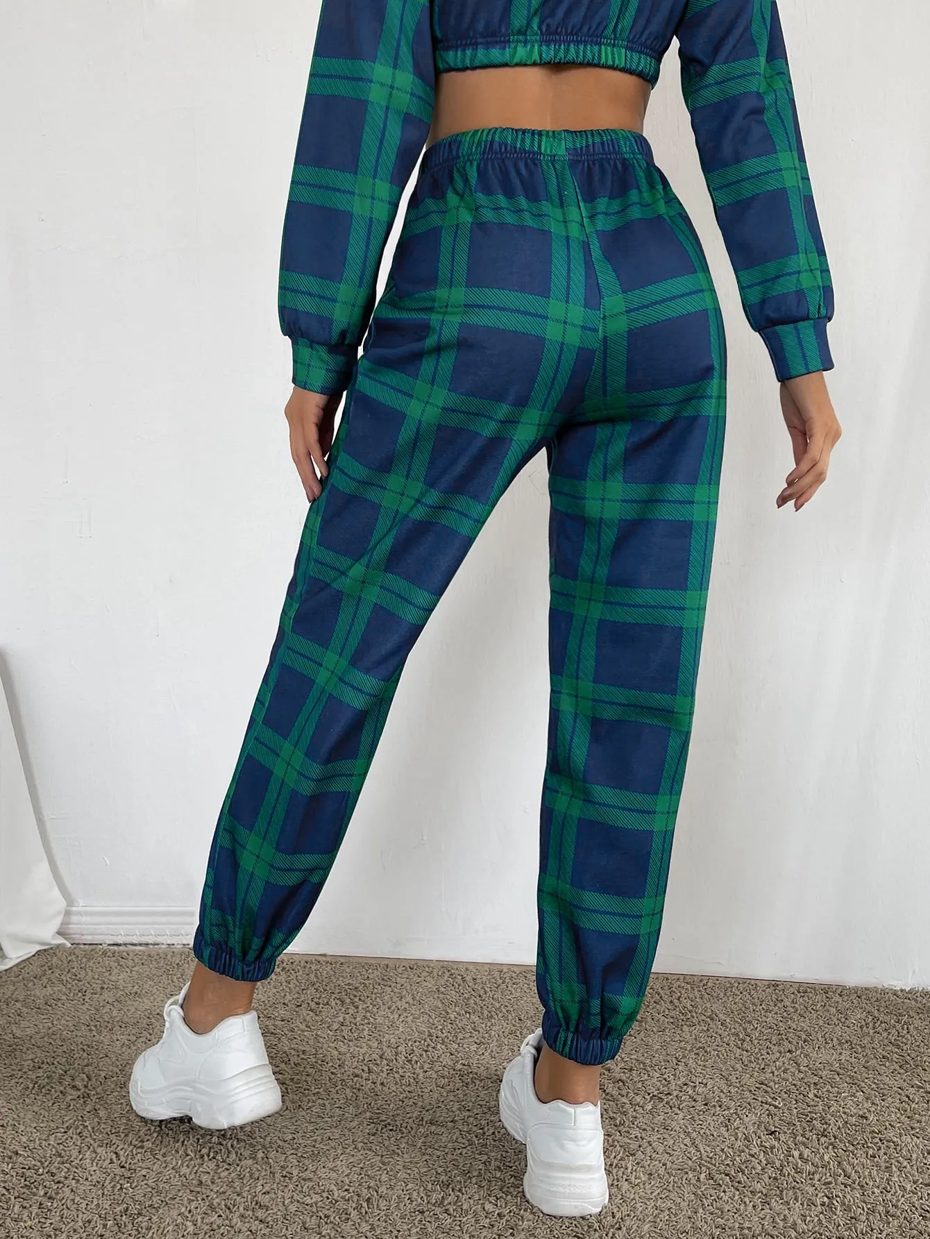 Plaid Drawstring Natural Cropped Women Sweatpants