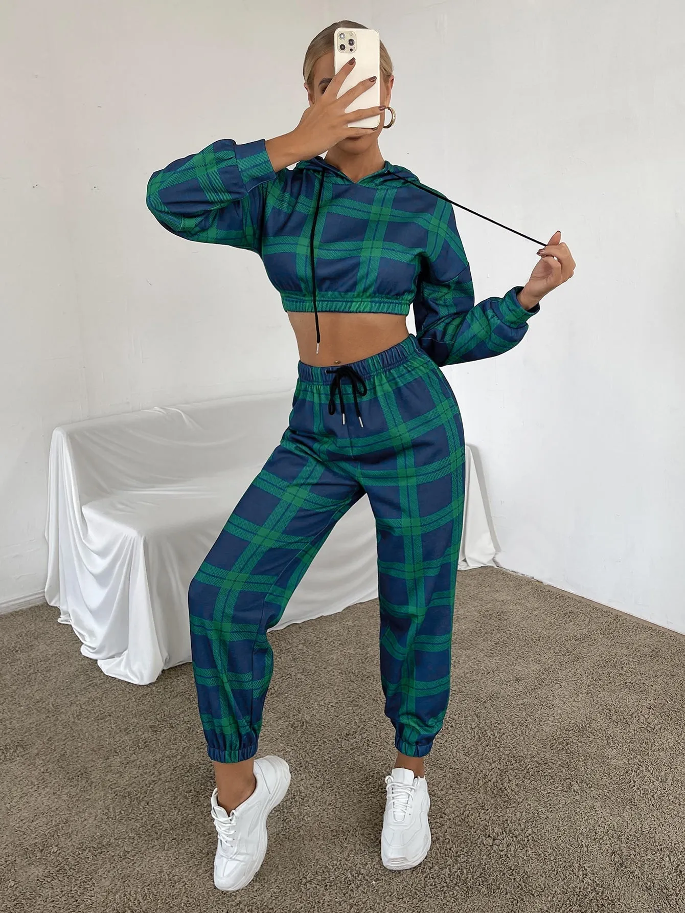 Plaid Drawstring Natural Cropped Women Sweatpants