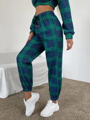 Plaid Drawstring Natural Cropped Women Sweatpants