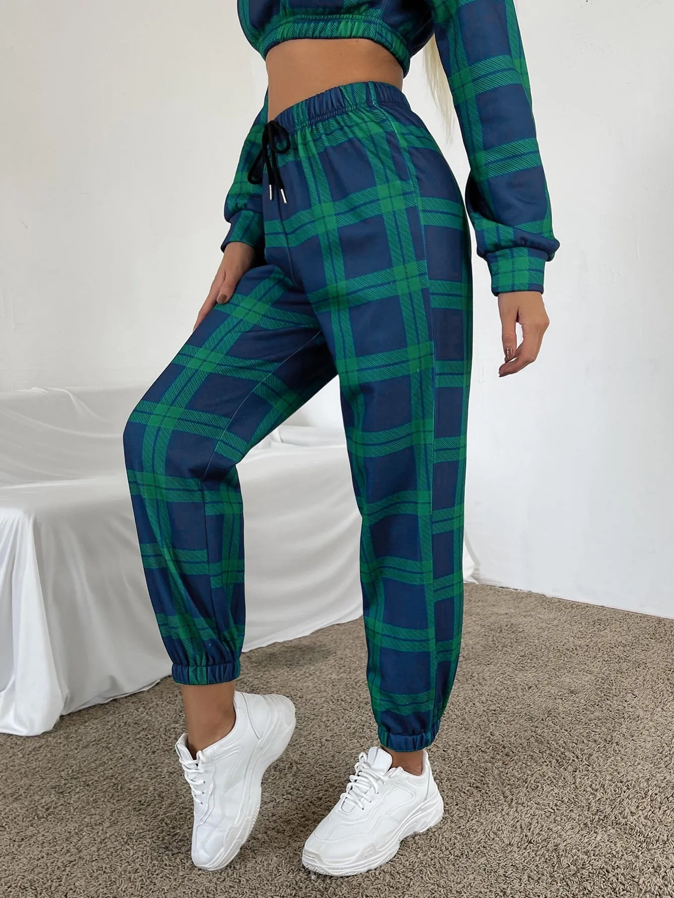 Plaid Drawstring Natural Cropped Women Sweatpants