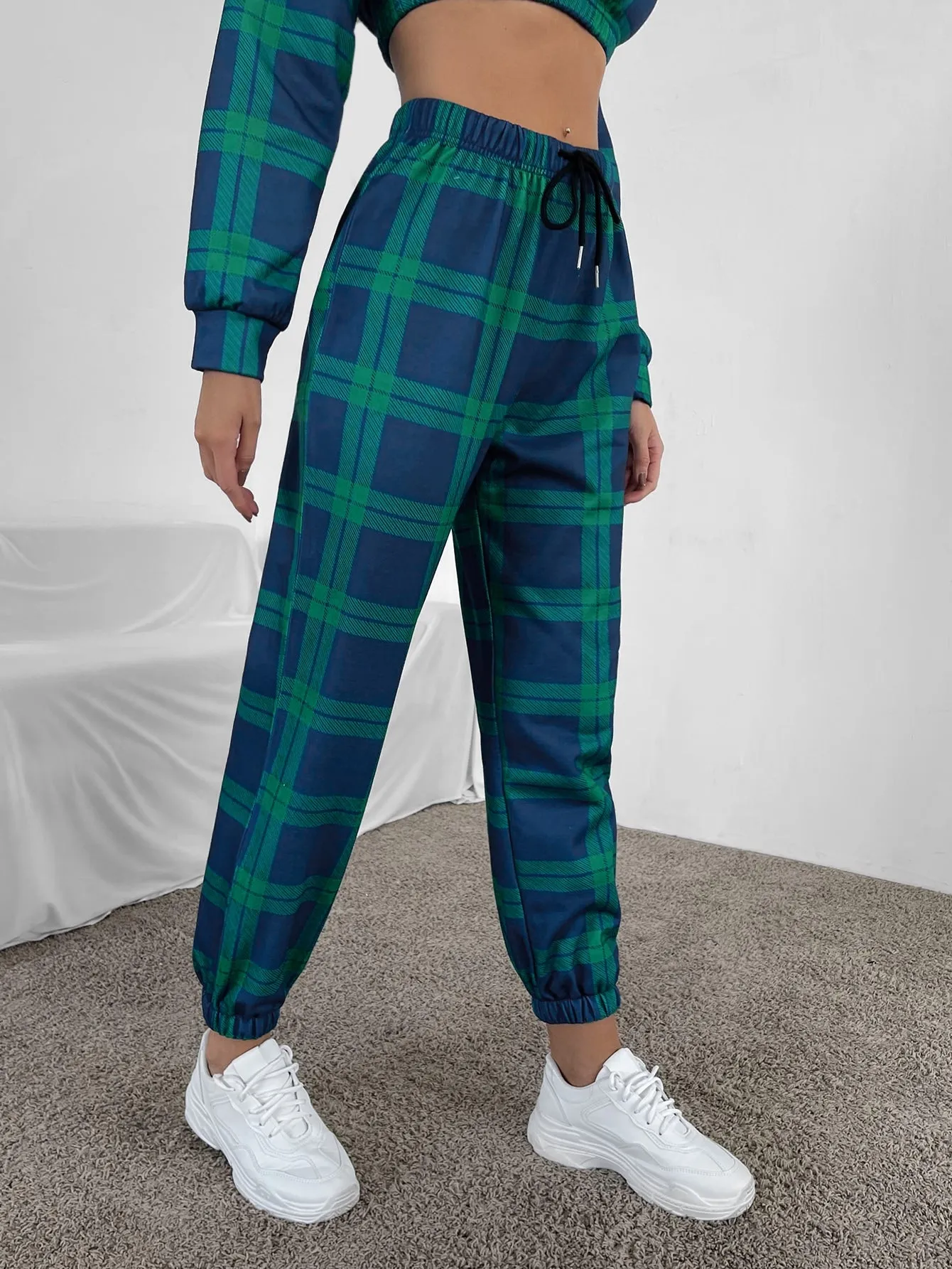 Plaid Drawstring Natural Cropped Women Sweatpants